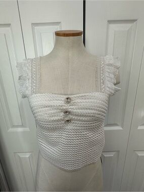 Commense White Lace-Trim Knit Tank with Decorative Buttons